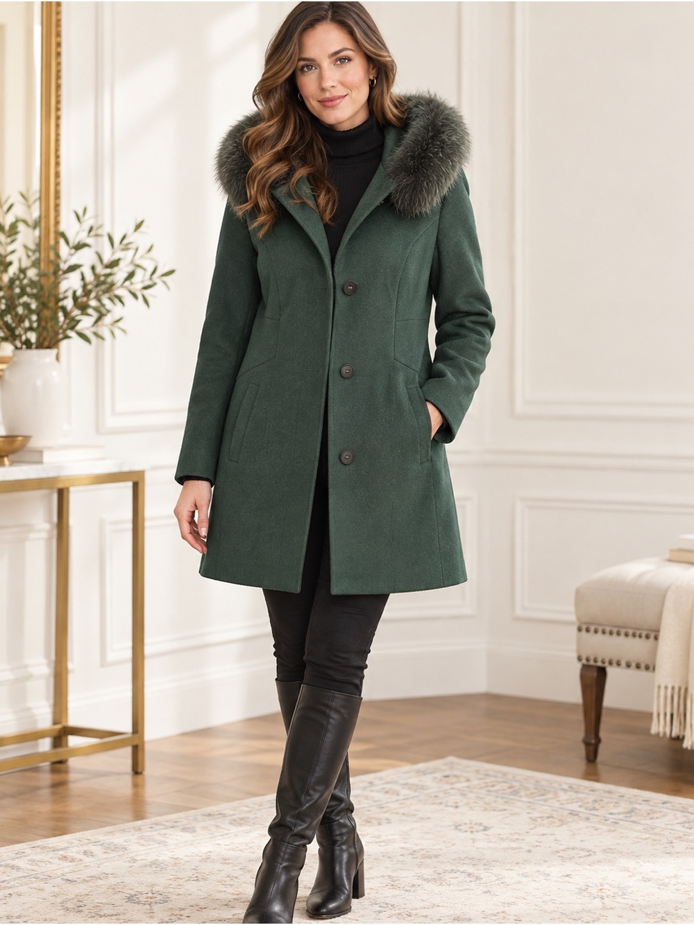 Sachi Collection Vintage Green Lambswool Coat Real Fur Trim Hood Size L